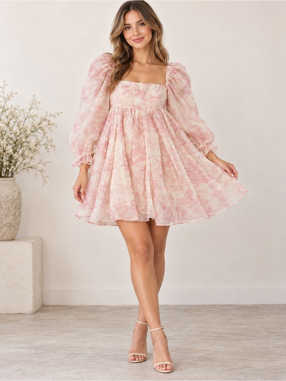 Selkie Pink Floral Organza Puff Sleeve Dress